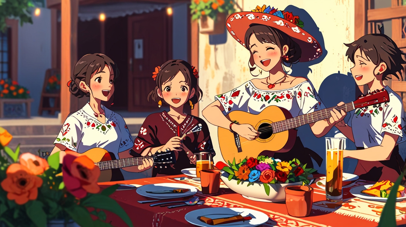 A family celebrating Mexican Mother's Day with a Mariachi band and traditional decorations.