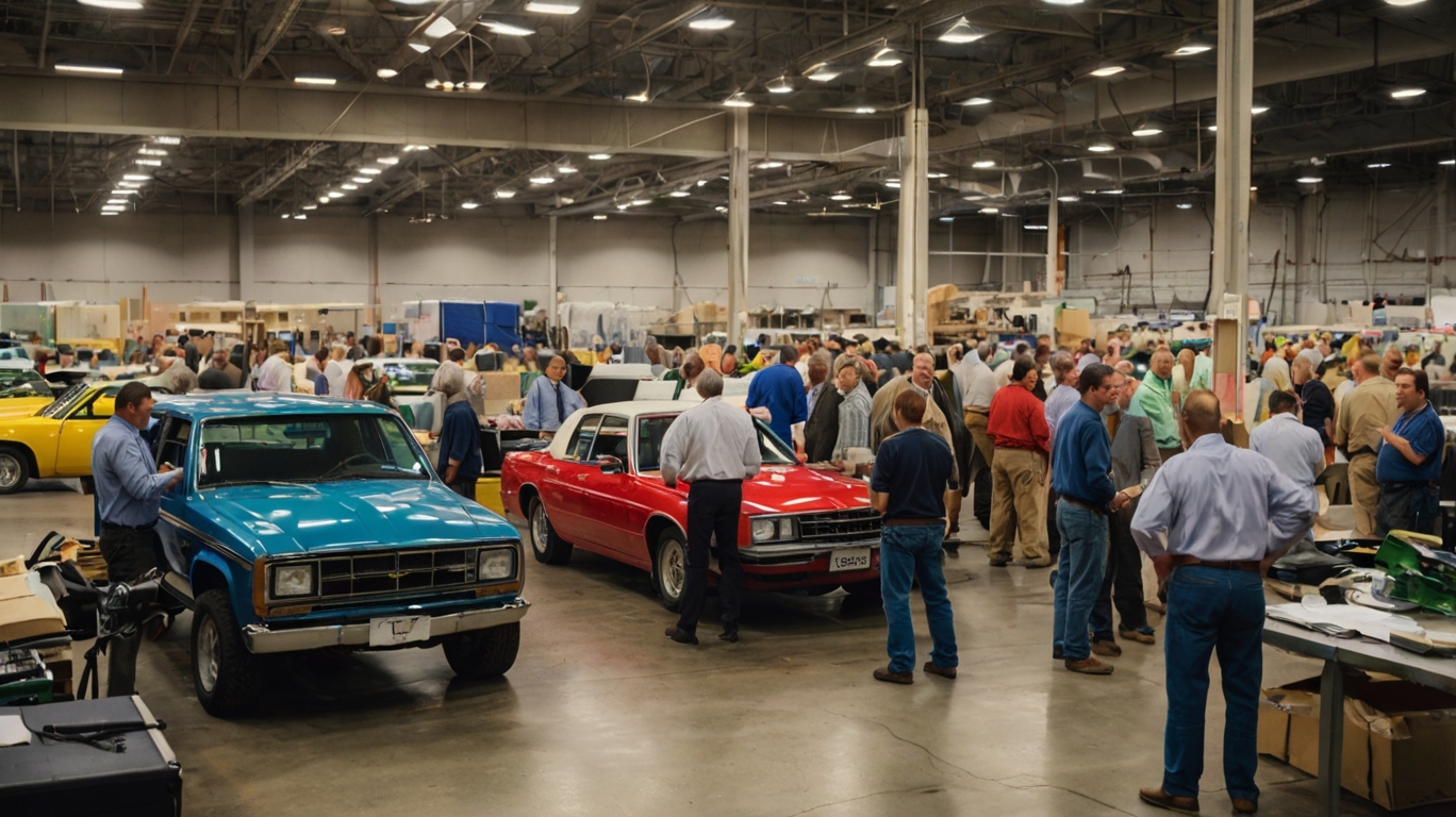 Government auction showcasing surplus office furniture, vehicles, and electronics with active bidders.