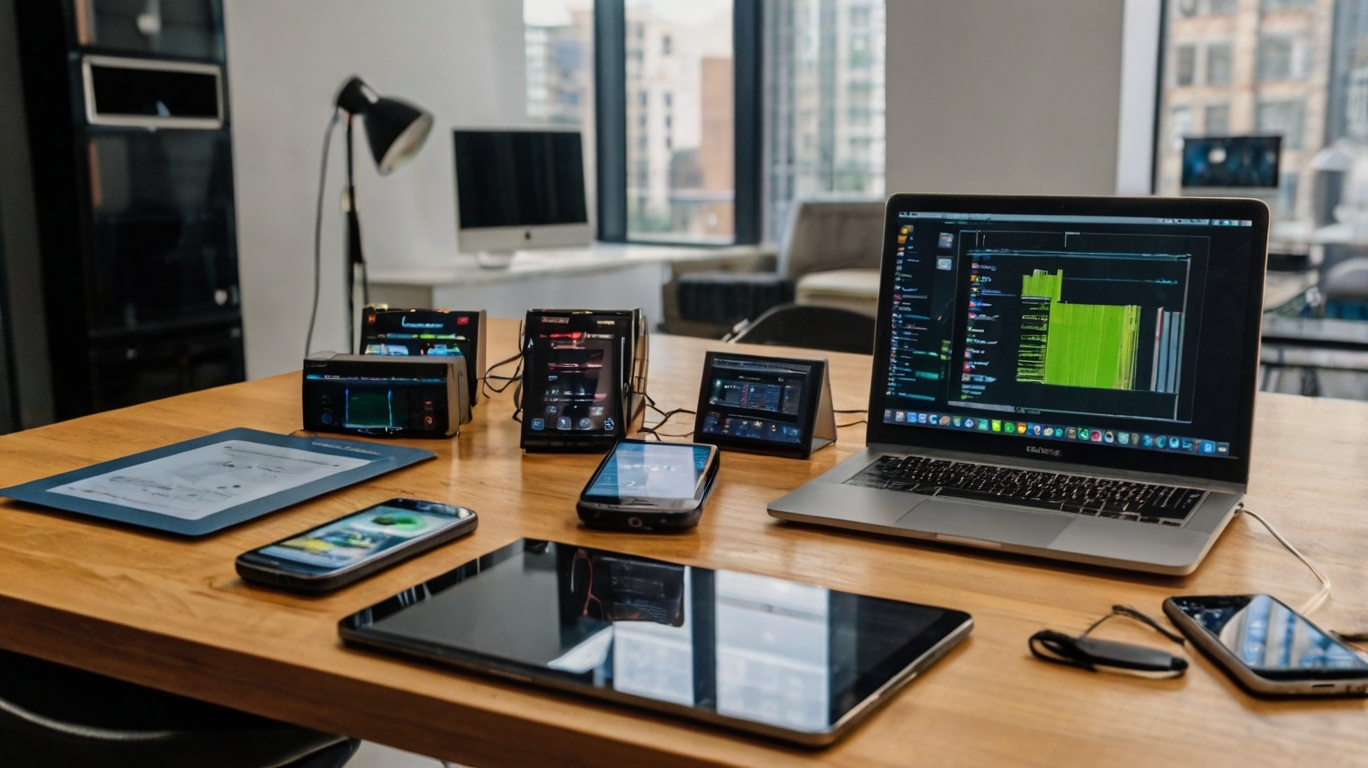Multiple consumer electronics displayed for comparison testing, with visible performance ratings and pricing information