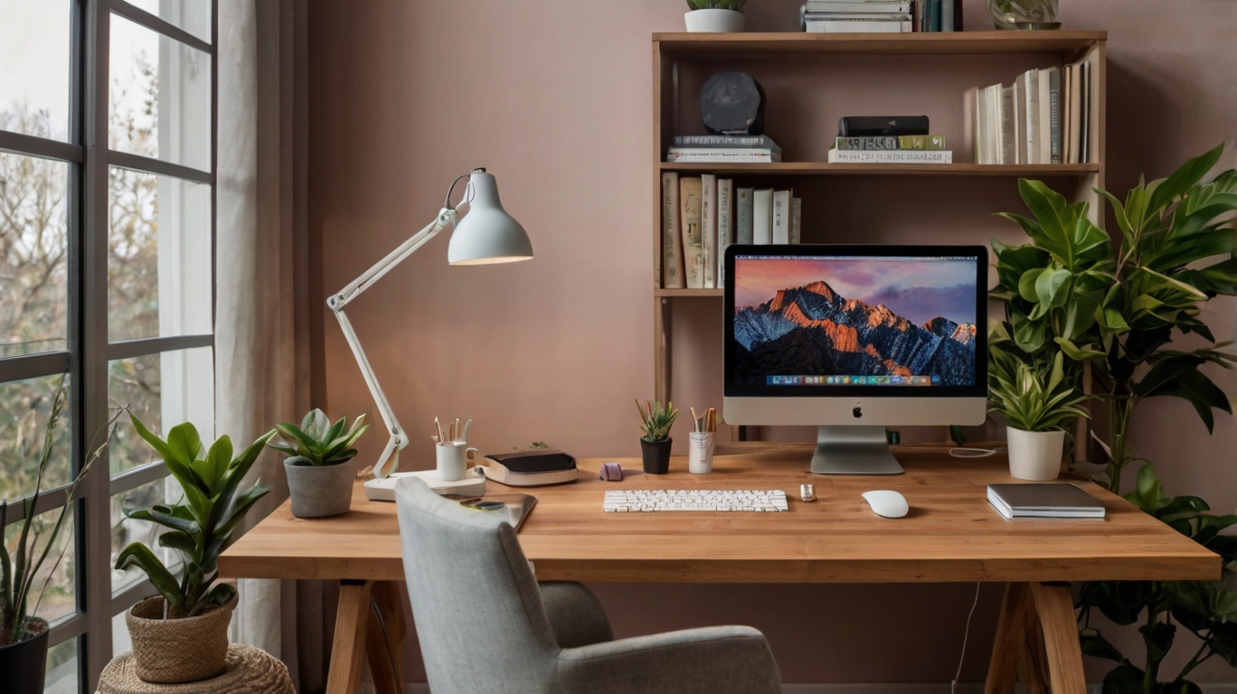 Warm and inviting home workspace with a standing desk and ergonomic chair
