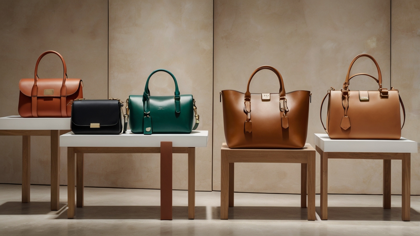 Collection of luxurious handbags featuring eco-friendly leather and vibrant colors on display