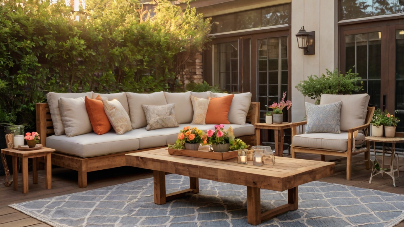 Stylish and cozy spring outdoor furniture setup with comfortable seating, colorful planters, and garden essentials in a vibrant outdoor space.