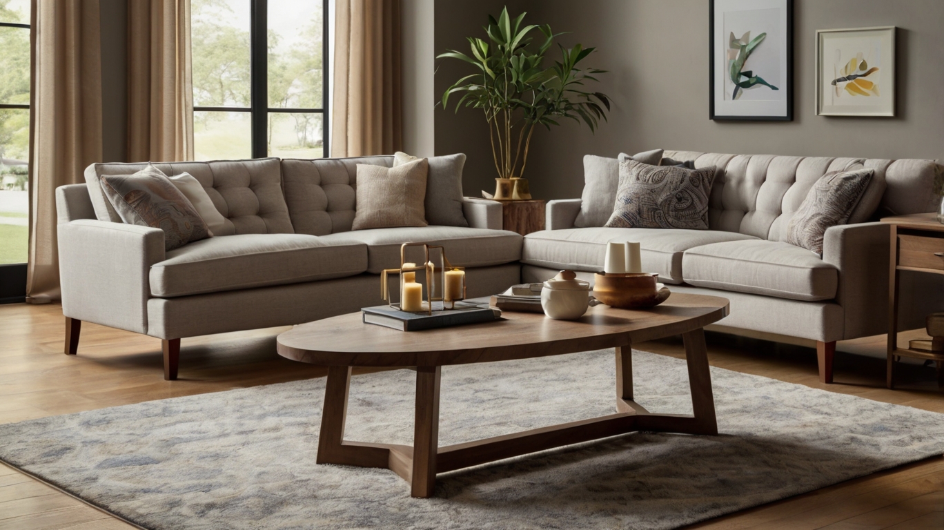 Modern living room showcasing affordable furniture with discount tags