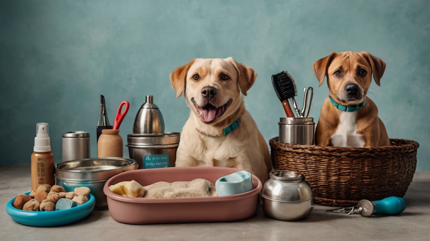 Essential pet supplies for adoption checklist: food bowls, leash, bed, grooming tools