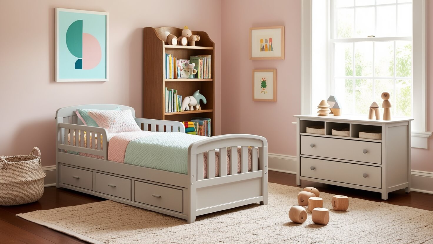 A cozy children's bedroom with Pottery Barn Kids furniture, including a toddler bed with built-in drawers