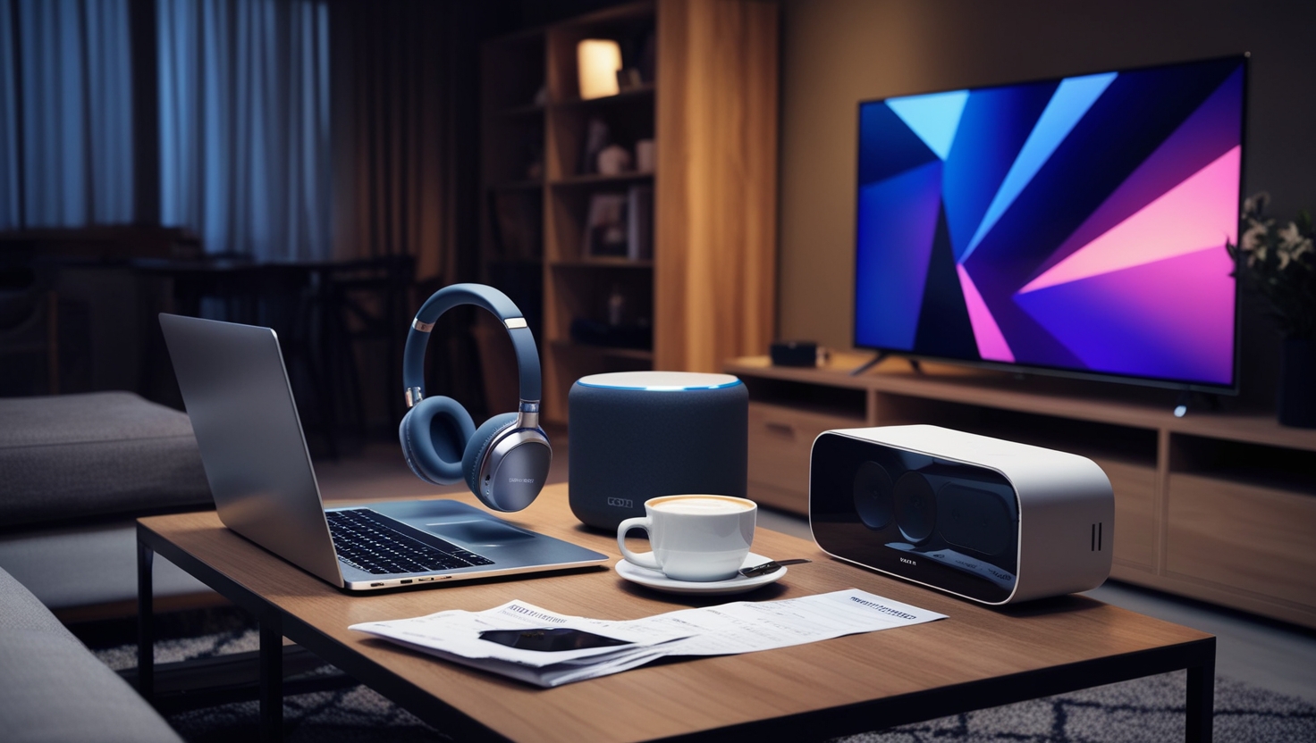High-tech home setup with a laptop, headphones, smart speakers, and an OLED TV.