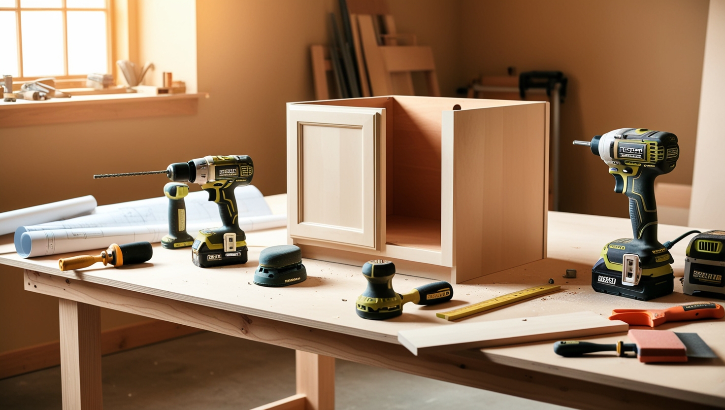 A woodworking setup showing a variety of hand and power tools on a bench alongside an incomplete cabinet project.