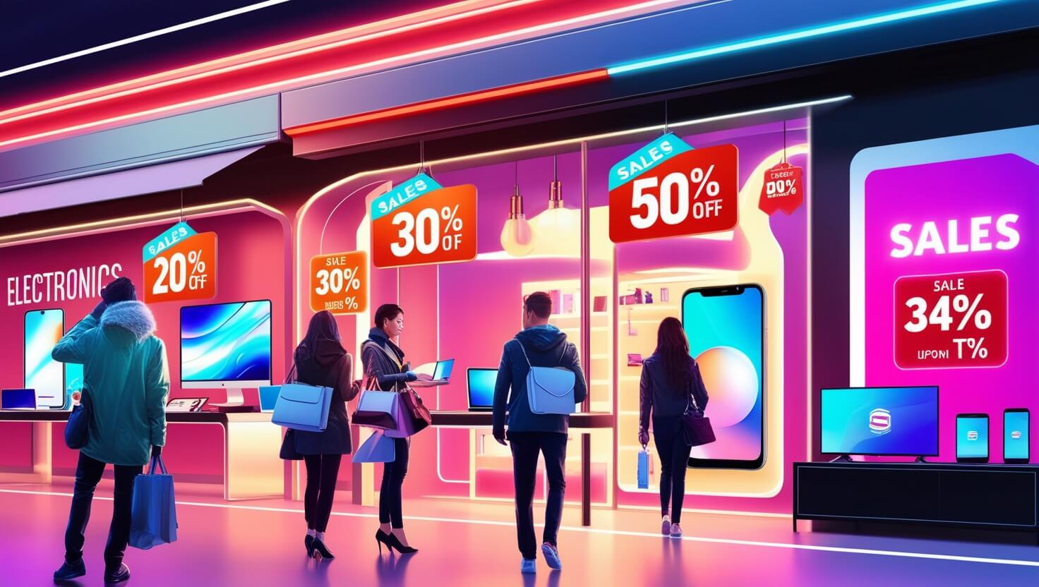 A lively shopping scene with glowing discount signs and shoppers browsing top electronics deals