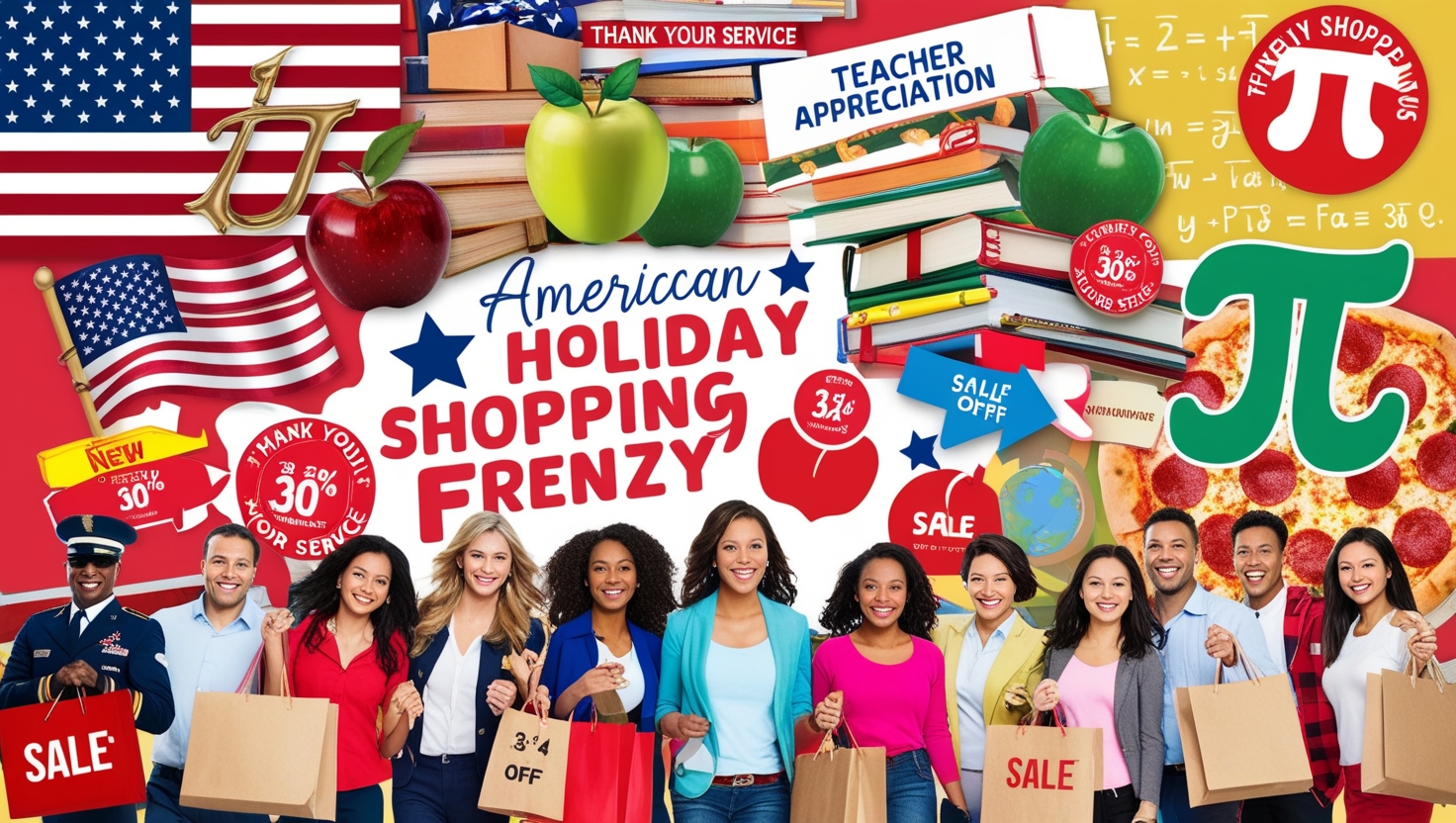 Collage showcasing holiday deals and shopping scenes for Veterans Day, Teacher Appreciation Week, and Pi Day in the USA