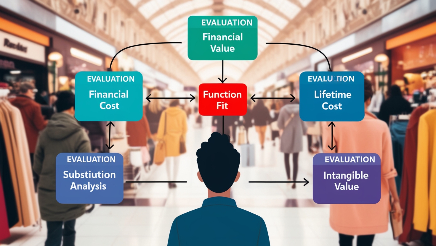 Consumer evaluating products using a decision-making framework with five evaluation criteria