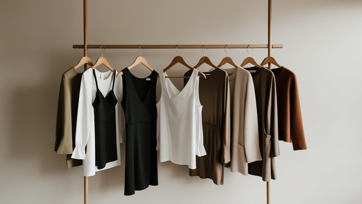 Sustainable capsule wardrobe featuring Quince and Reformation clothing pieces on wooden hangers