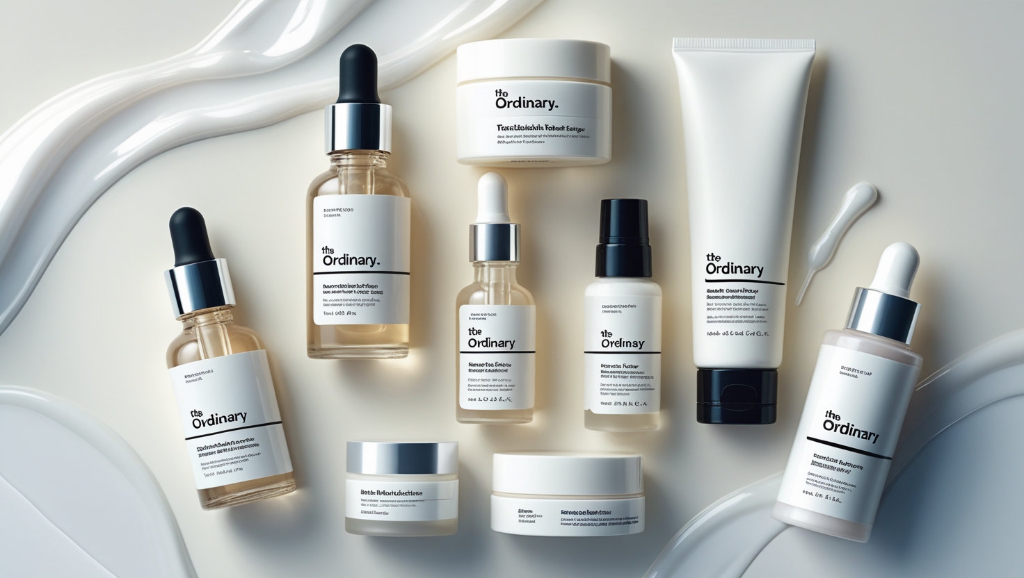 The Ordinary skincare products including serums and moisturizers displayed neatly in a flat lay arrangement.