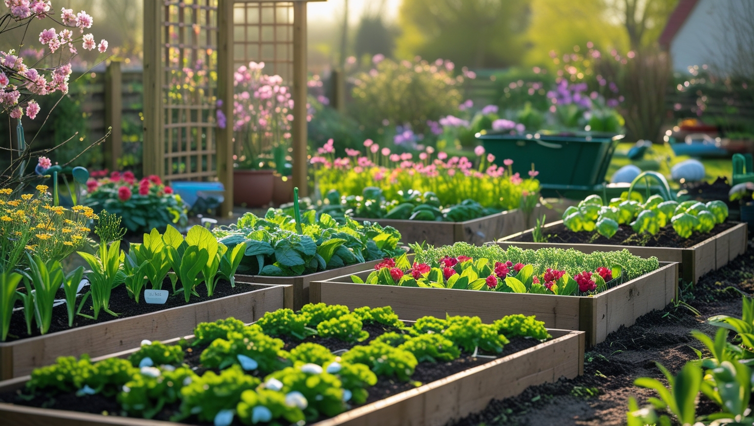 Spring garden with flowers, vegetables, and tools under sunlight.