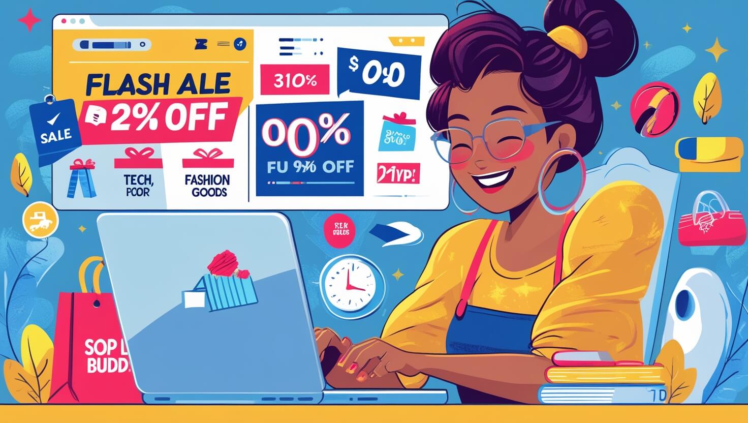 Shopper browsing online for discounts and deals on laptop, with flash sales graphics and shopping categories like tech and fashion.