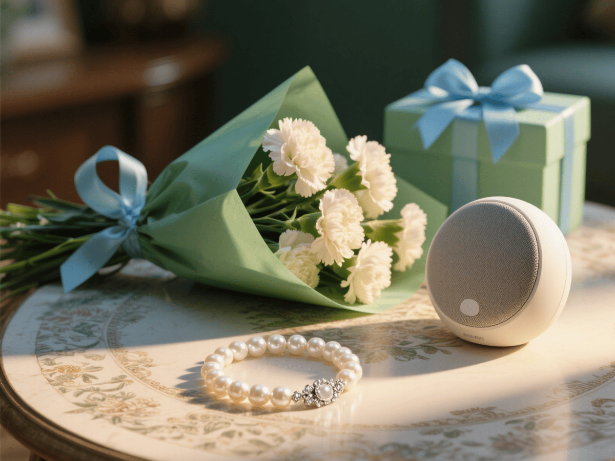 Mother’s Day gift options including jewelry, tech gadgets, and a flower bouquet for same-day delivery.