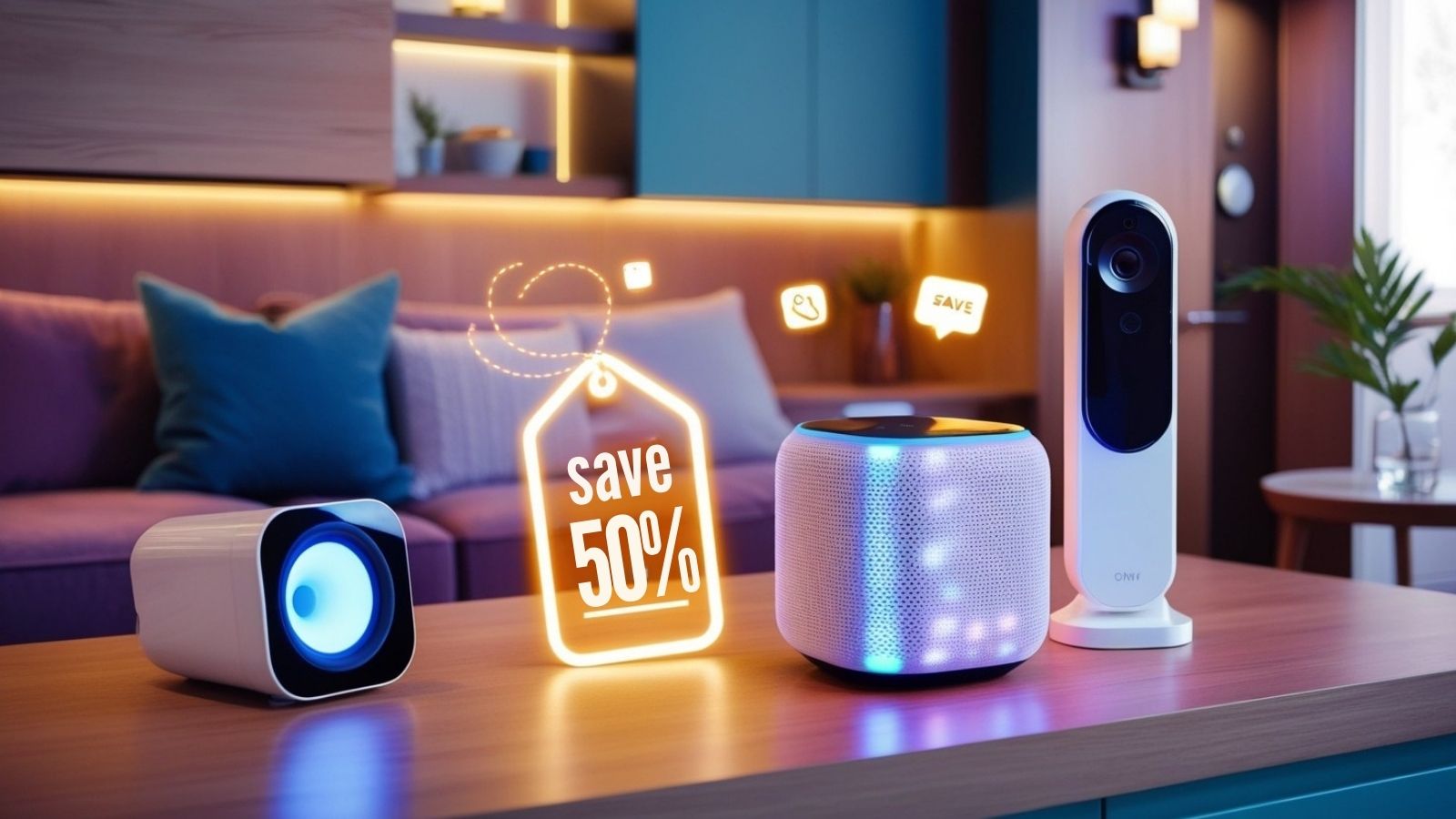 A modern smart home interior featuring smart devices and a floating discount tag.